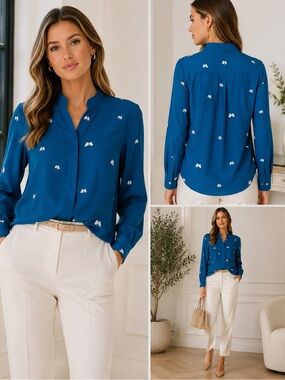 Galeries Lafayette Blue Butterfly Print Hidden Button Blouse Size 42(M/L)